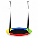 Vibrant multicolor circular saucer swing equipped with adjustable suspension ropes, breathable mesh seat, ideal tree swing for kids outdoor backyard leisure activities.