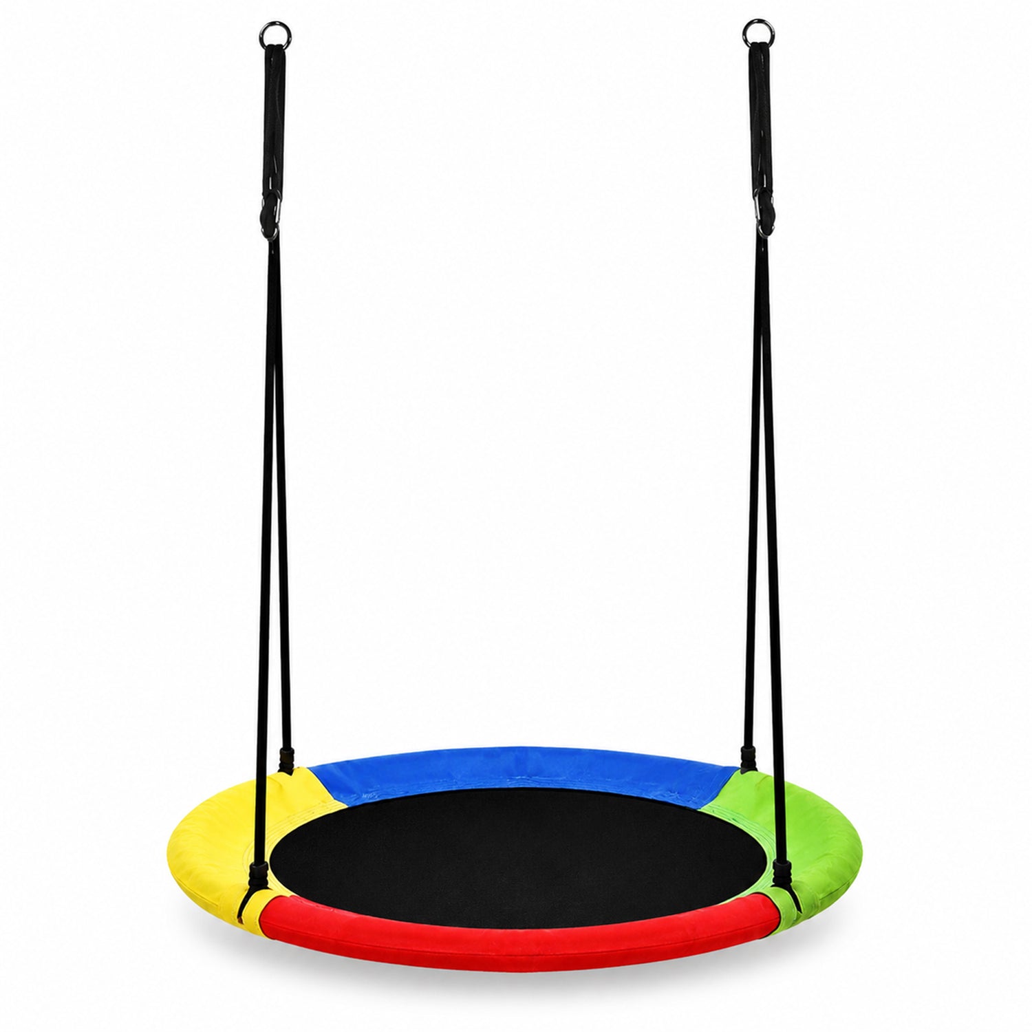 Vibrant multicolor circular saucer swing equipped with adjustable suspension ropes, breathable mesh seat, ideal tree swing for kids outdoor backyard leisure activities.