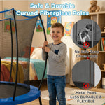 Safe curved fiberglass enclosure poles on 55in kids trampoline, boy holding flexible pole in bedroom, comparison shows metal poles cause injury and are less durable, child safe design
