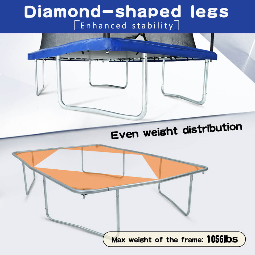 The title reads: "Diamond-shaped legs Enhanced stability". Above is a close-up of a trampoline leg, below is a diamond-shaped trampoline frame, next to it is written: Max weight of the frame: 1056 lbs.