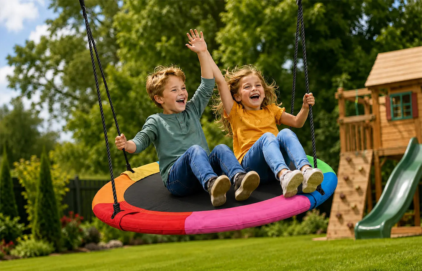Heavy‑duty multi‑child saucer swing built to last for years of fun. Suitable for toddlers to older kids, a long‑time outdoor play companion for your backyard.