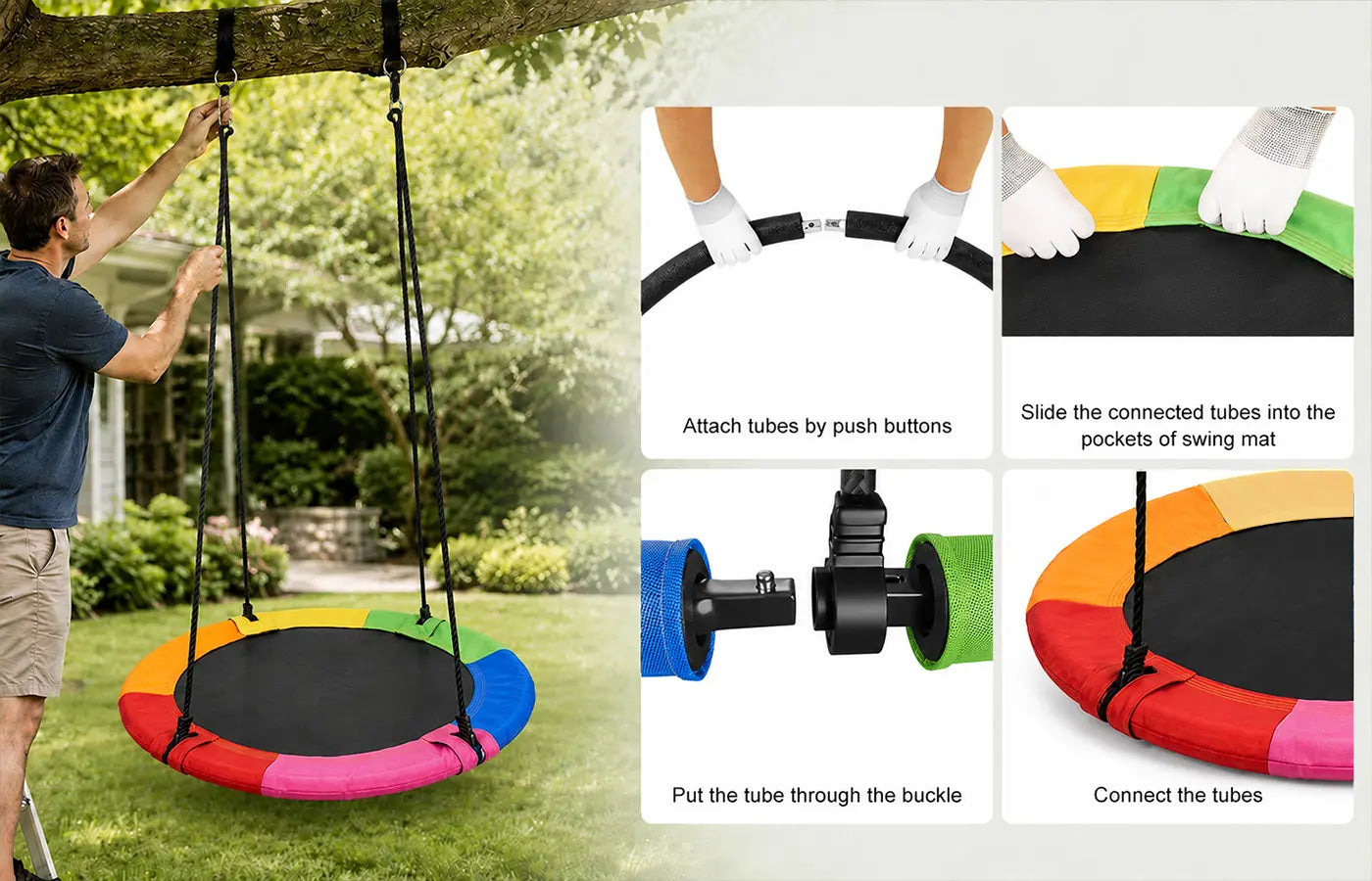 Simple 4‑step assembly with clear instructions. No extra tools required for fast, hassle‑free setup of your outdoor saucer swing.