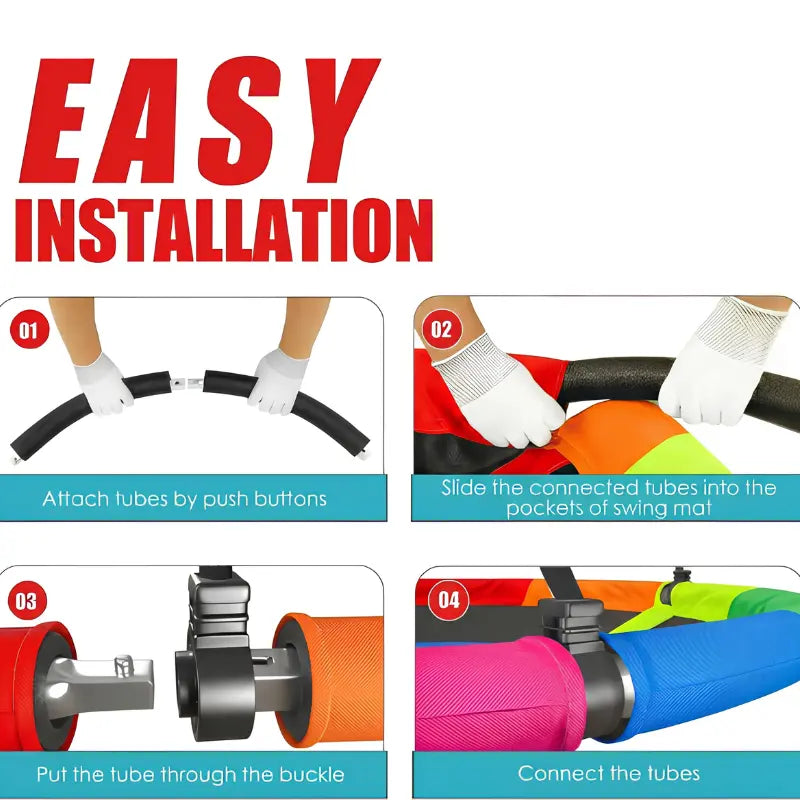 4‑step easy installation diagram for swing set, tube push button connection and buckle assembly steps