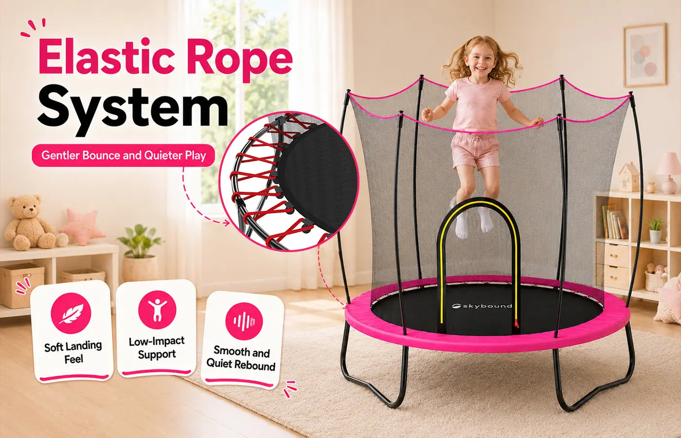 SkyBound pink indoor kids trampoline banner featuring Elastic Rope System, close-up inset of red elastic cord structure, young girl jumping inside, three feature icons Soft Landing Feel, Low-Impact Support, Smooth and Quiet Rebound; right side text introducing spring tech benefits: consistent bounce, durable support, soft shock absorption landing