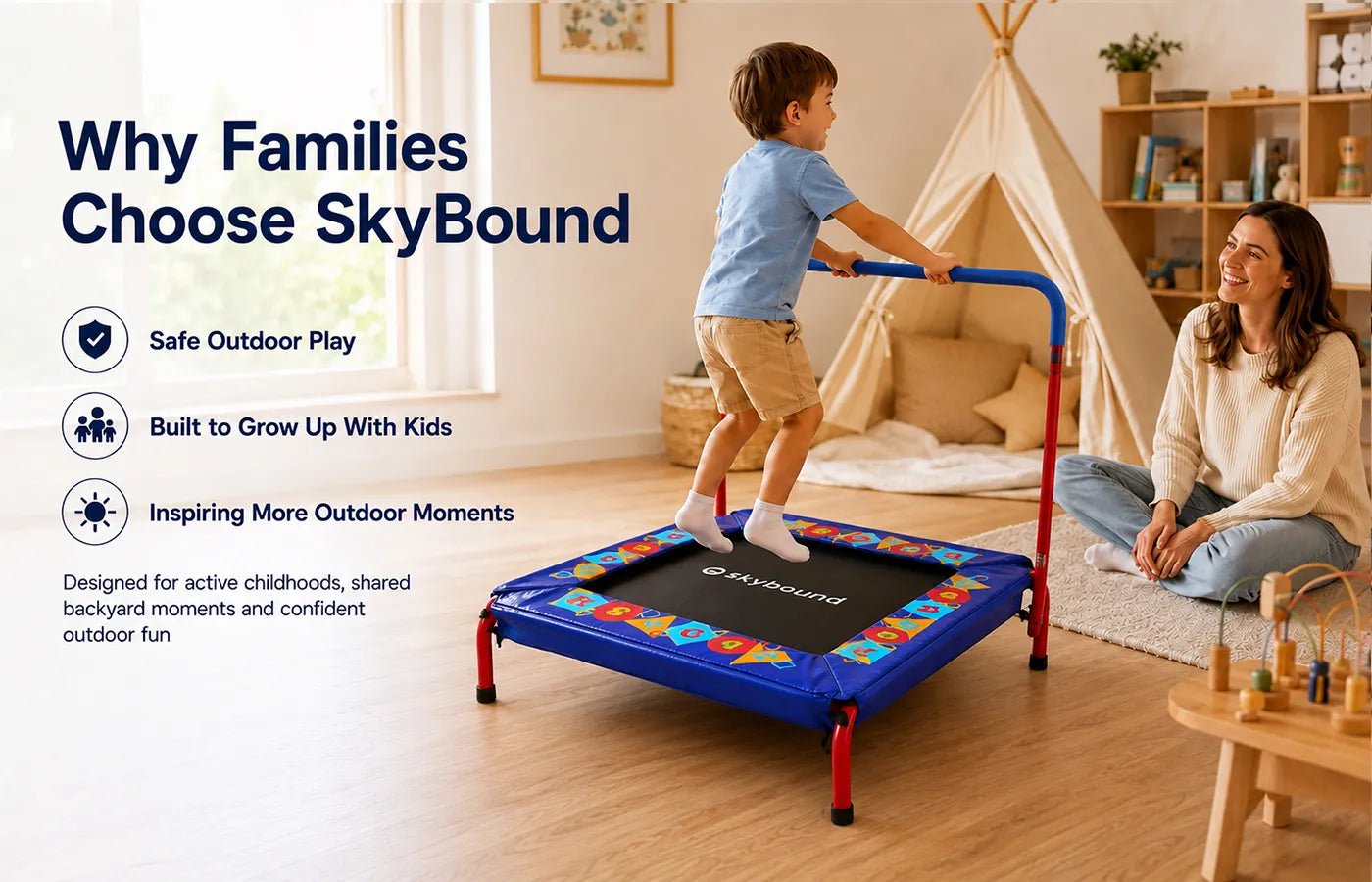 SkyBound makes safe, durable outdoor play products for families who love active childhoods and meaningful backyard time. Every design gives parents peace of mind, lets kids play freely, and brings families closer outdoors.