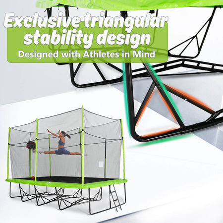 The upper right corner is a close-up of the triangular legs of the skybound trampoline. The lower left corner is a fitness athlete training on the skybound rectangular trampoline. The title reads Exclusive triangular stability design, Designed with Athletes in Mind.