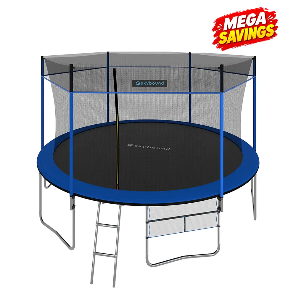 SkyBound SkySoar 14ft family-sized trampoline with protective safety net. Robust outdoor jump set for kids and teens. Don’t miss our limited-time huge savings.