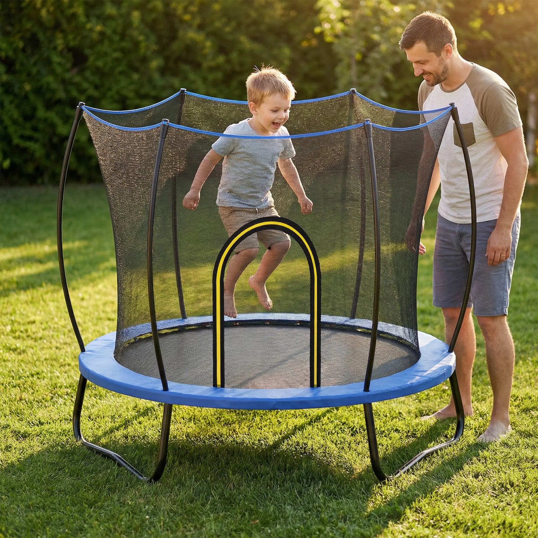 Spend quality active time with your kids right in your backyard. Our enclosed trampoline comes with complete safety net protection, so parents can watch kids jump with zero worry all summer long.