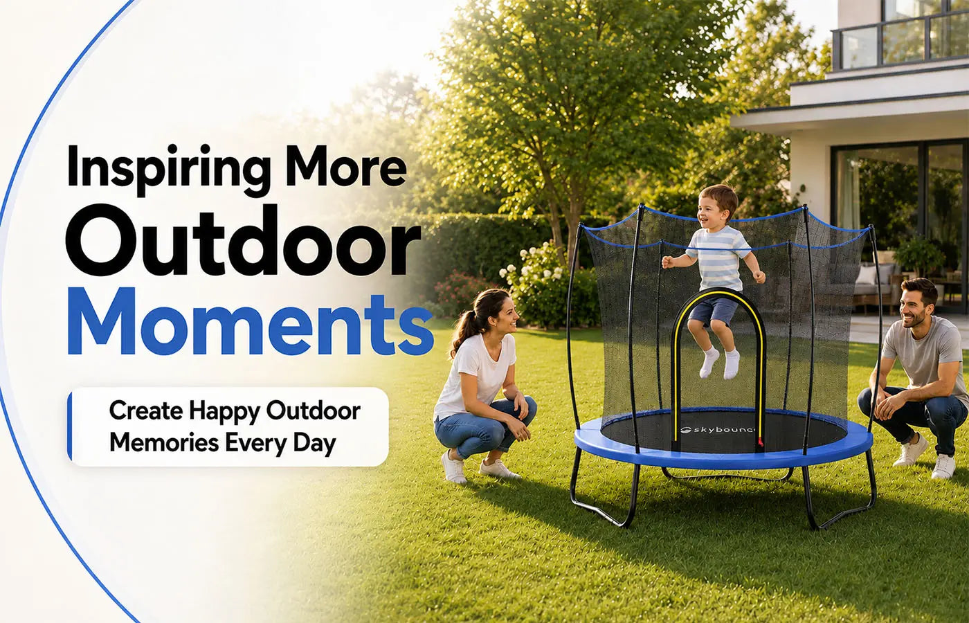 Lifestyle banner of SkyBound kids trampoline, family watching child bounce, inspiring happy outdoor play moments and warm backyard family togetherness memories