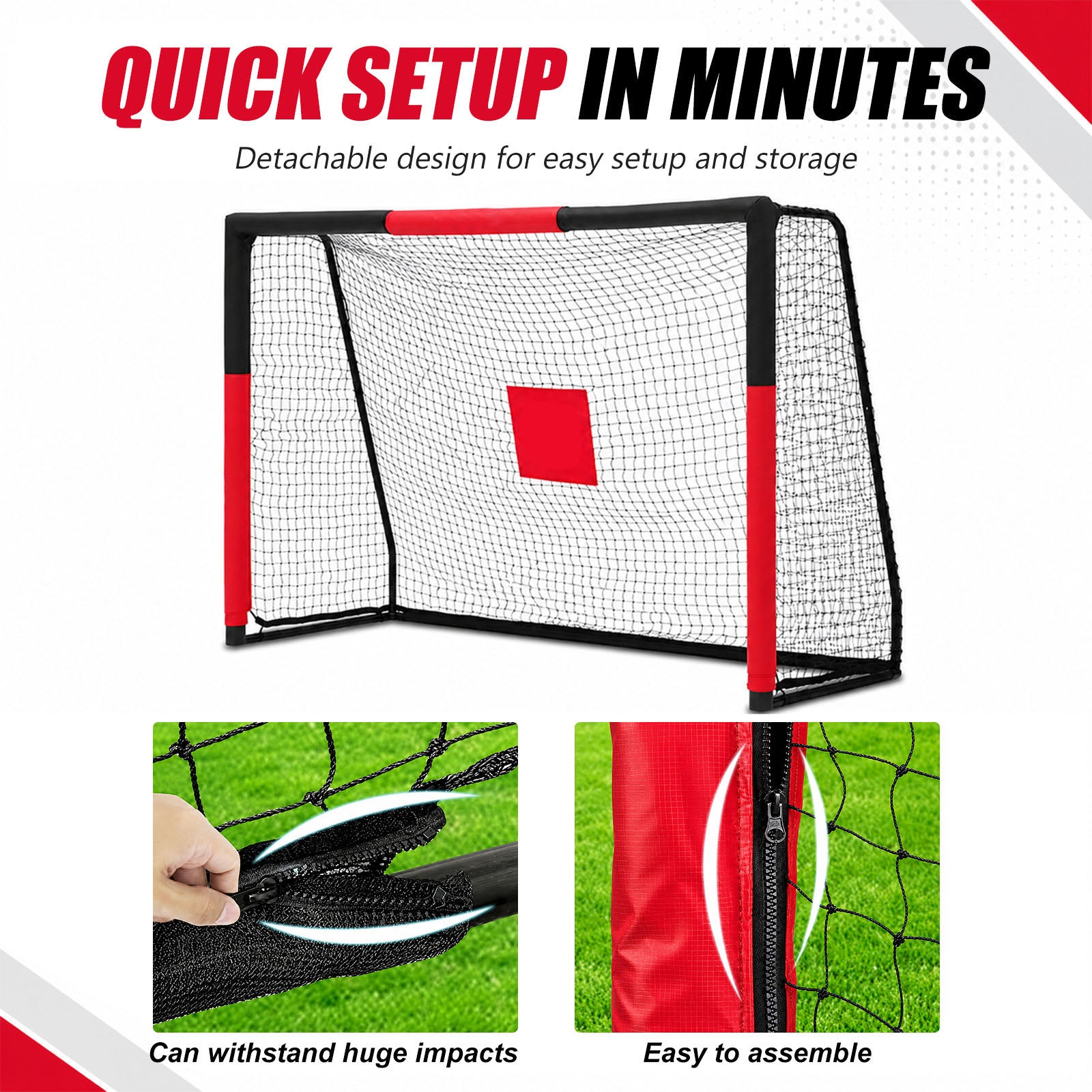Fast assemble steel soccer goal with durable impact-resistant PE net, zipper netting for simple installation