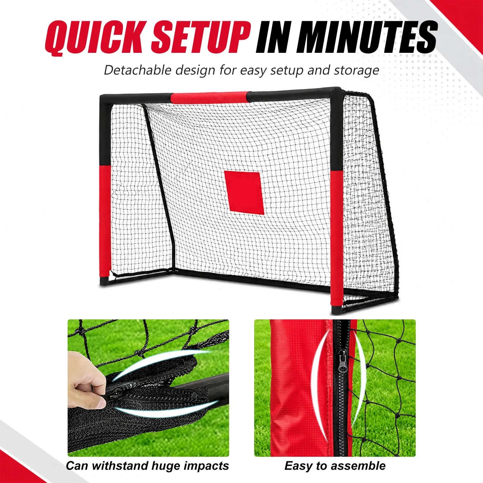 Fast assemble steel soccer goal with durable impact-resistant PE net, zipper netting for simple installation