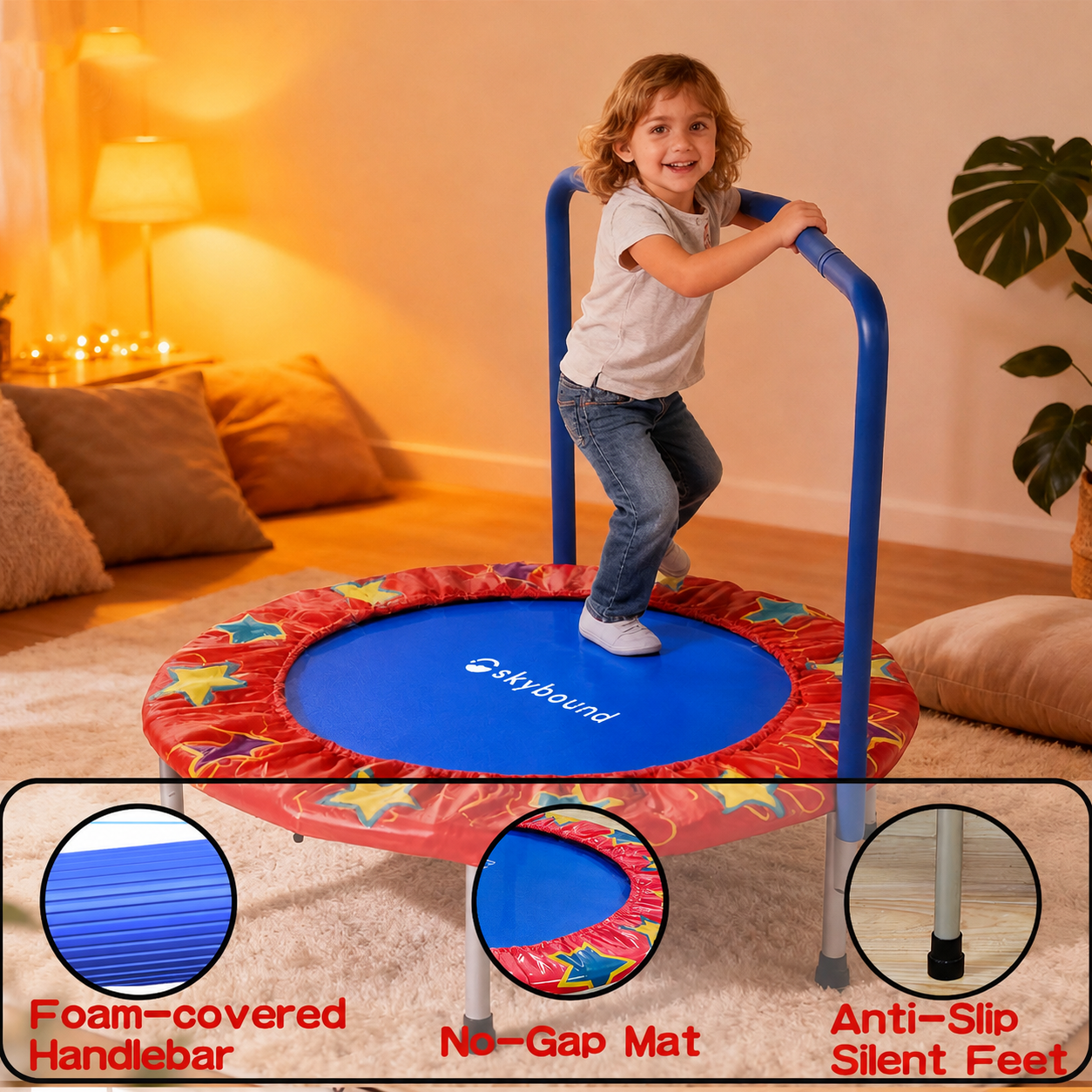SkyBound kids trampoline with foam-covered handlebar, no-gap mat, and anti-slip silent feet. Perfect safe indoor jumping fun for toddlers to stay active and play at home.
