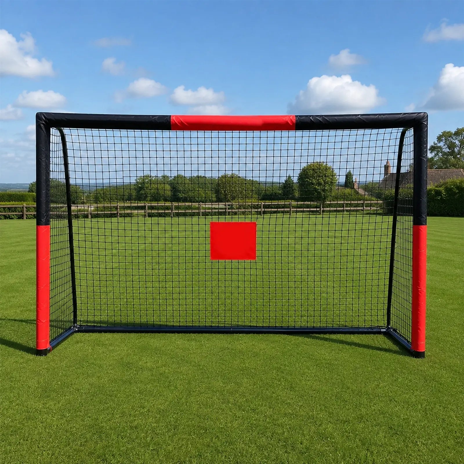 Front perspective outdoor children football goal net with red target marker on sunny backyard field