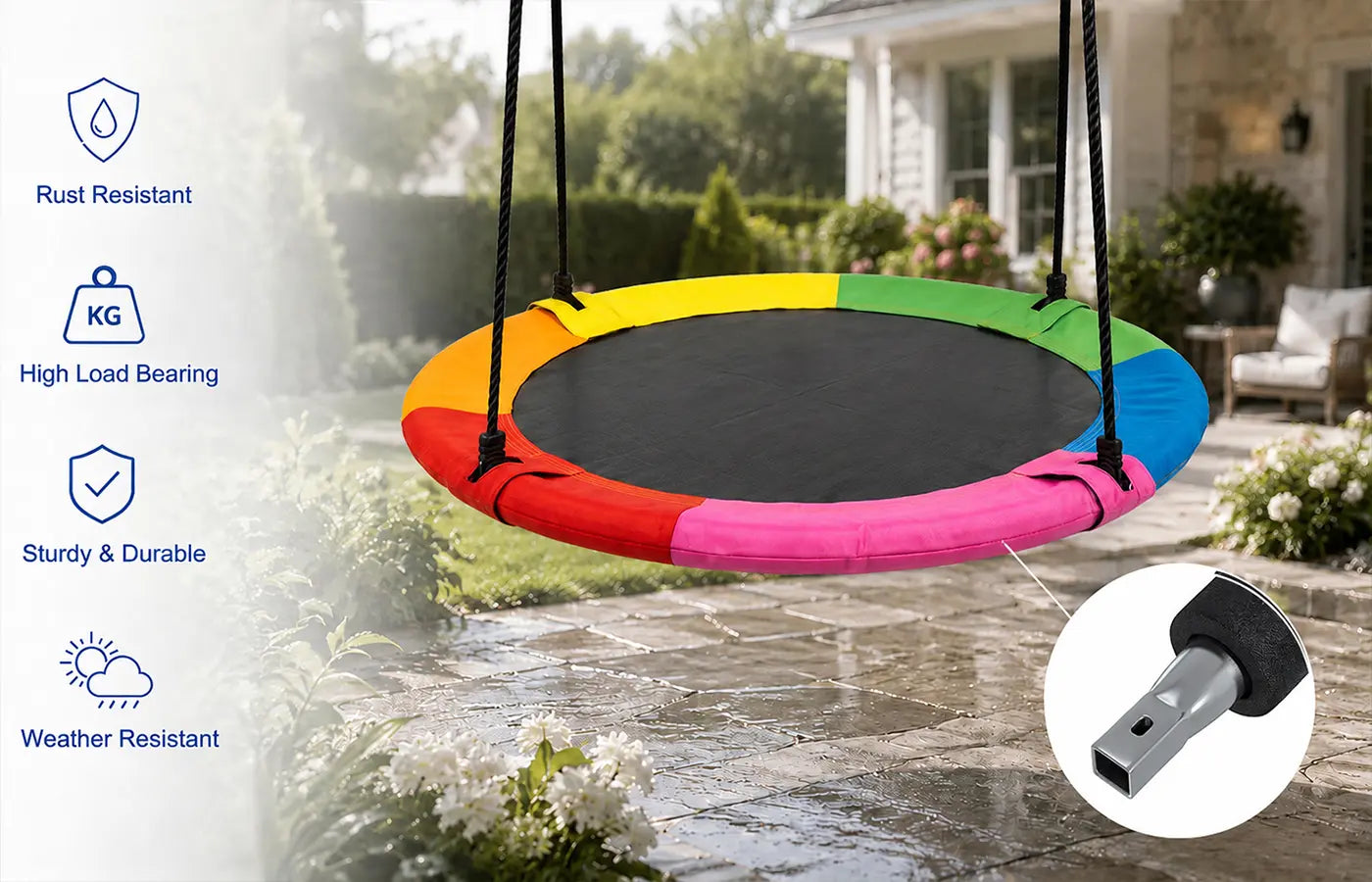 Heavy‑duty galvanized steel frame delivers rust‑proof, high weight‑bearing performance. Bend‑resistant and weather‑proof, keeping your saucer swing stable season after season in outdoor backyard conditions.
