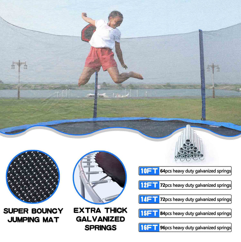 A girl jumps on a blue 10ft trampoline and underneath it says_super bounce mat and Extra thick galvanized spring