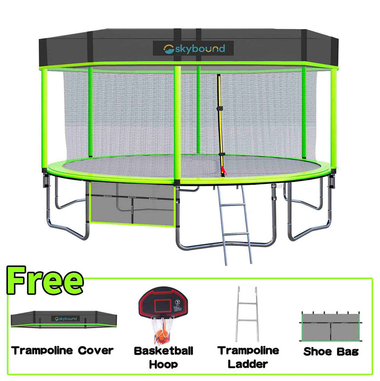 Green 15ft trampoline with Cover, Below there is a frame that says FREE with cover and basketball hoop and basketball, ladder, shoes and bag.