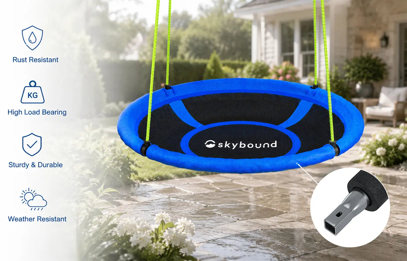 We use a heavy-duty galvanized steel frame on our swing. The coating protects against rust and corrosion, so it can handle whatever the outdoors throws at it. Strong and built to carry weight, the frame resists bending or warping. Rain or shine, humid or damp, it stays rock-solid—giving you reliable performance season after season.