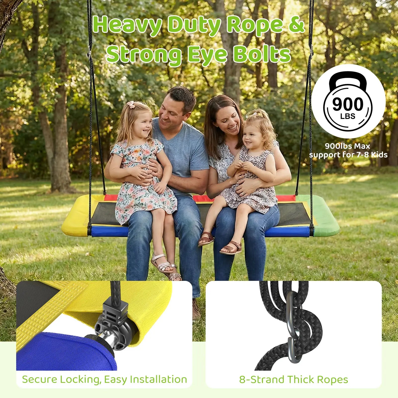Large rectangular platform swing built with heavy-duty 8-strand thick ropes and secure eye bolts, supports up to 900 lbs, safely holds 7-8 kids for backyard outdoor play.