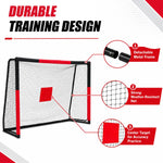 Heavy duty training steel soccer goal 3 core features: detachable frame, strong weatherproof net, central target sheet for shooting drills