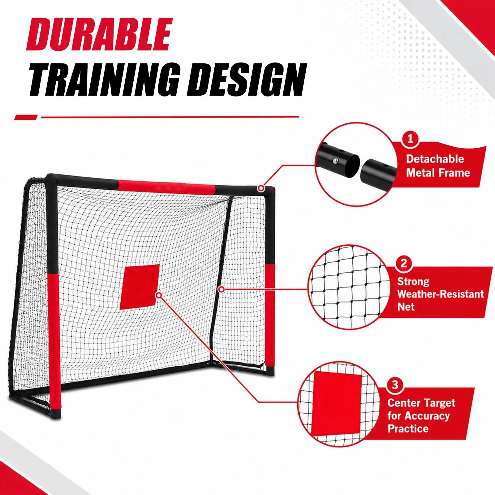 Heavy duty training steel soccer goal 3 core features: detachable frame, strong weatherproof net, central target sheet for shooting drills
