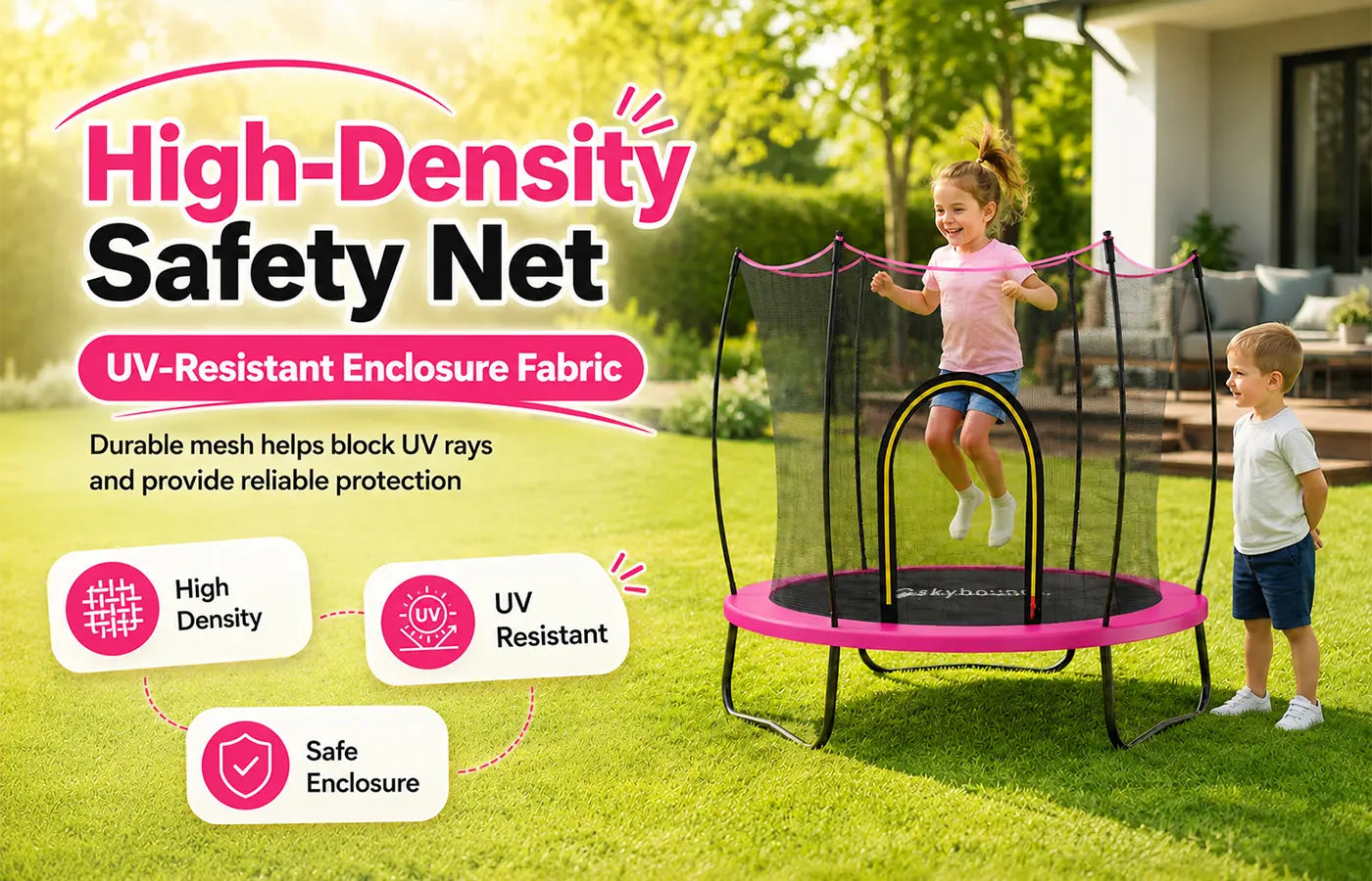 SkyBound pink kids trampoline on backyard lawn with High-Density Safety Net banner, UV-Resistant Enclosure Fabric label, three feature icons: High Density, UV Resistant, Safe Enclosure; text states durable mesh blocks UV rays and provides reliable protection, suitable for long-term backyard and garden use