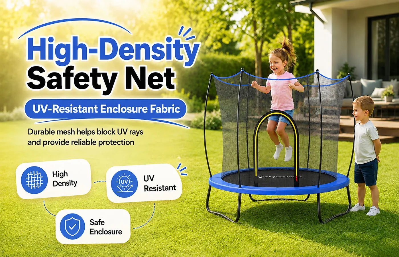 Backyard SkyBound kids trampoline banner featuring high-density UV-resistant safety enclosure net, durable sun-proof mesh for children safe outdoor play