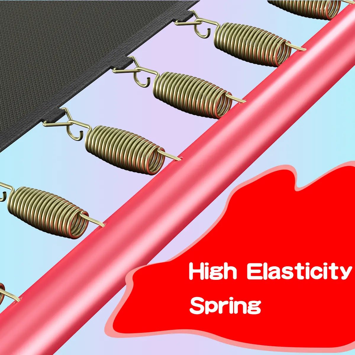 Premium high elasticity trampoline springs, gold-colored steel coils attached to trampoline mat and red frame, providing flexible rebound