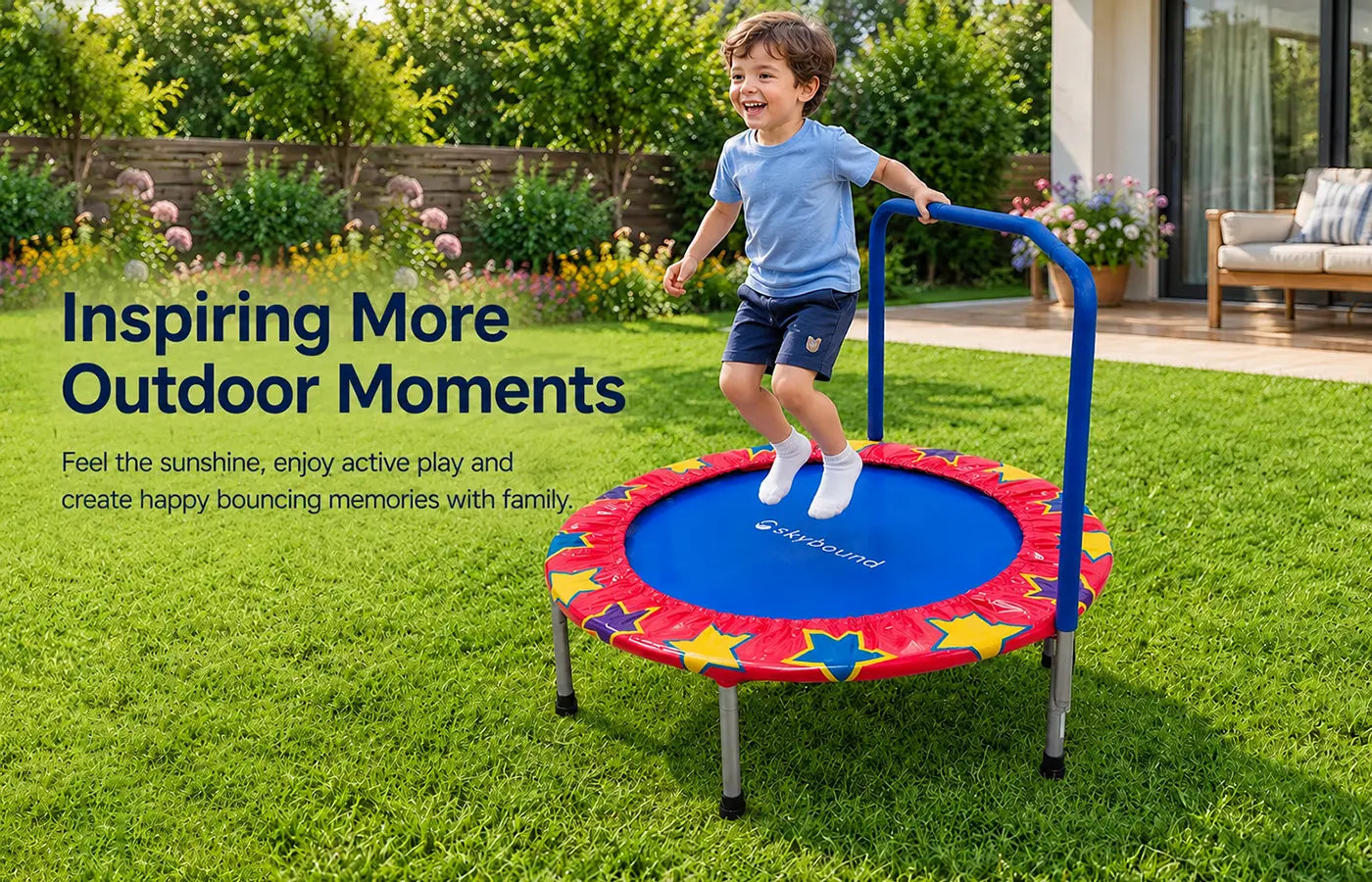 This trampoline invites kids to step outside, feel the sunshine and enjoy active play on the grass. 
