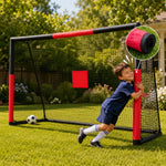 Young boy hugging the foam‑padded post of a portable kids soccer goal on green backyard lawn, close‑up view of safety foam padding, soccer ball next to goal net