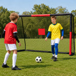 Children get ready to play soccer in backyard, sturdy freestanding training goal helps kids practice shooting and ball‑control skills