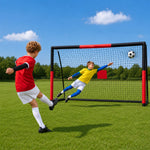 Exciting kids soccer shooting practice on grass field, durable training goal net for children to build shooting skills at home