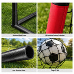 Four‑panel detail collage of kids soccer goal: thickened steel frame, UV‑resistant padded cover, rust‑resistant metal tube and tough durable PE goal net
