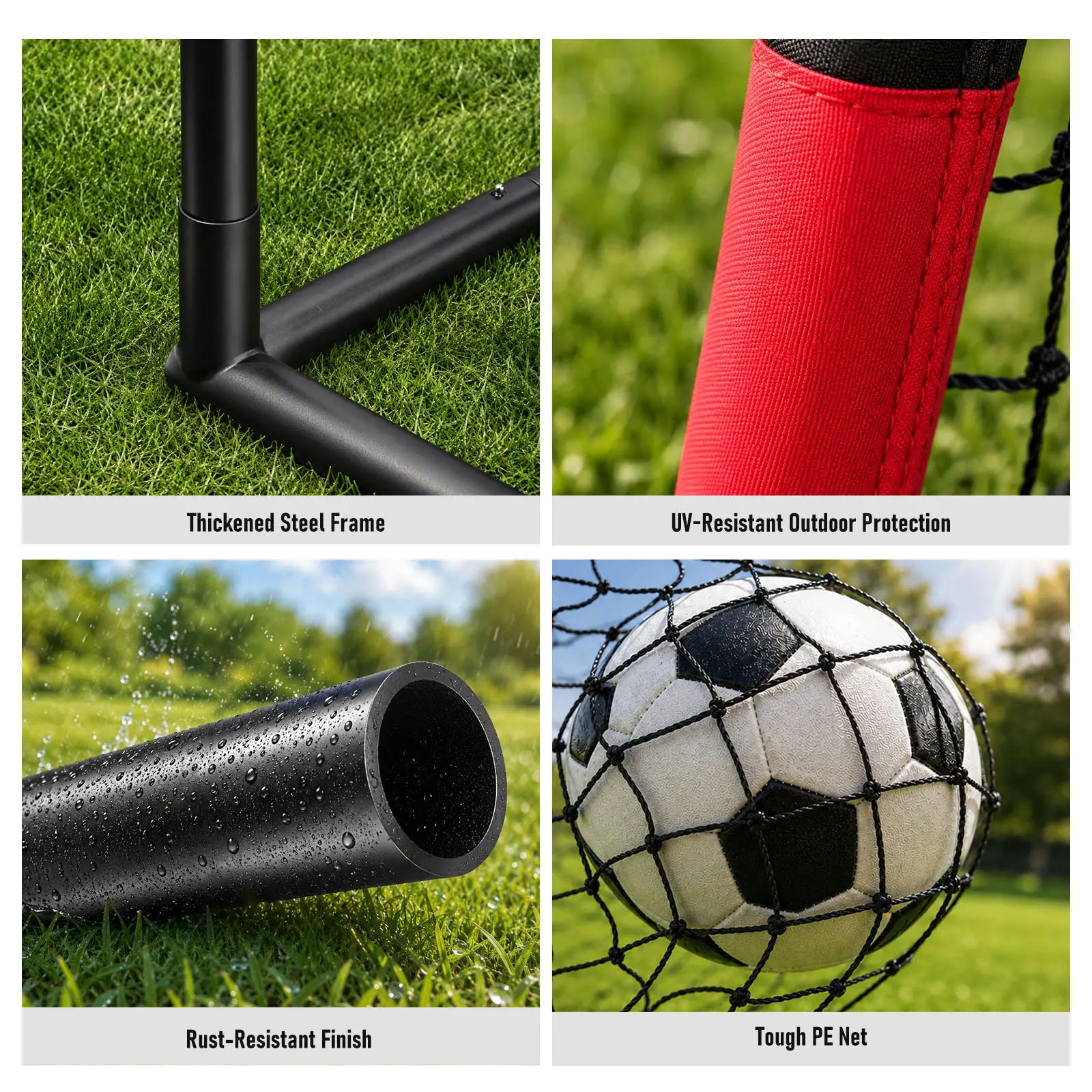 Four‑panel detail collage of kids soccer goal: thickened steel frame, UV‑resistant padded cover, rust‑resistant metal tube and tough durable PE goal net