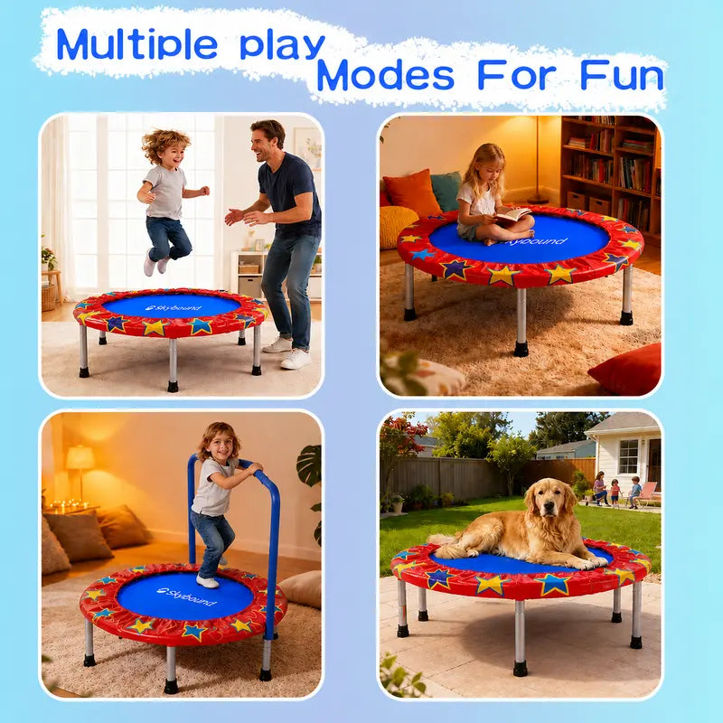 Enjoy endless fun with this multi-use SkyBound mini trampoline. Great for kids’ exercise, quiet time, and pet lounging—ideal for home and backyard use.