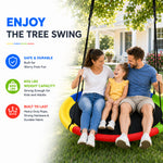 Colorful circular saucer tree swing supports up to 600 lbs, constructed with heavy-duty ropes, sturdy hardware and wear-resistant fabric, safe for whole family backyard leisure activities.