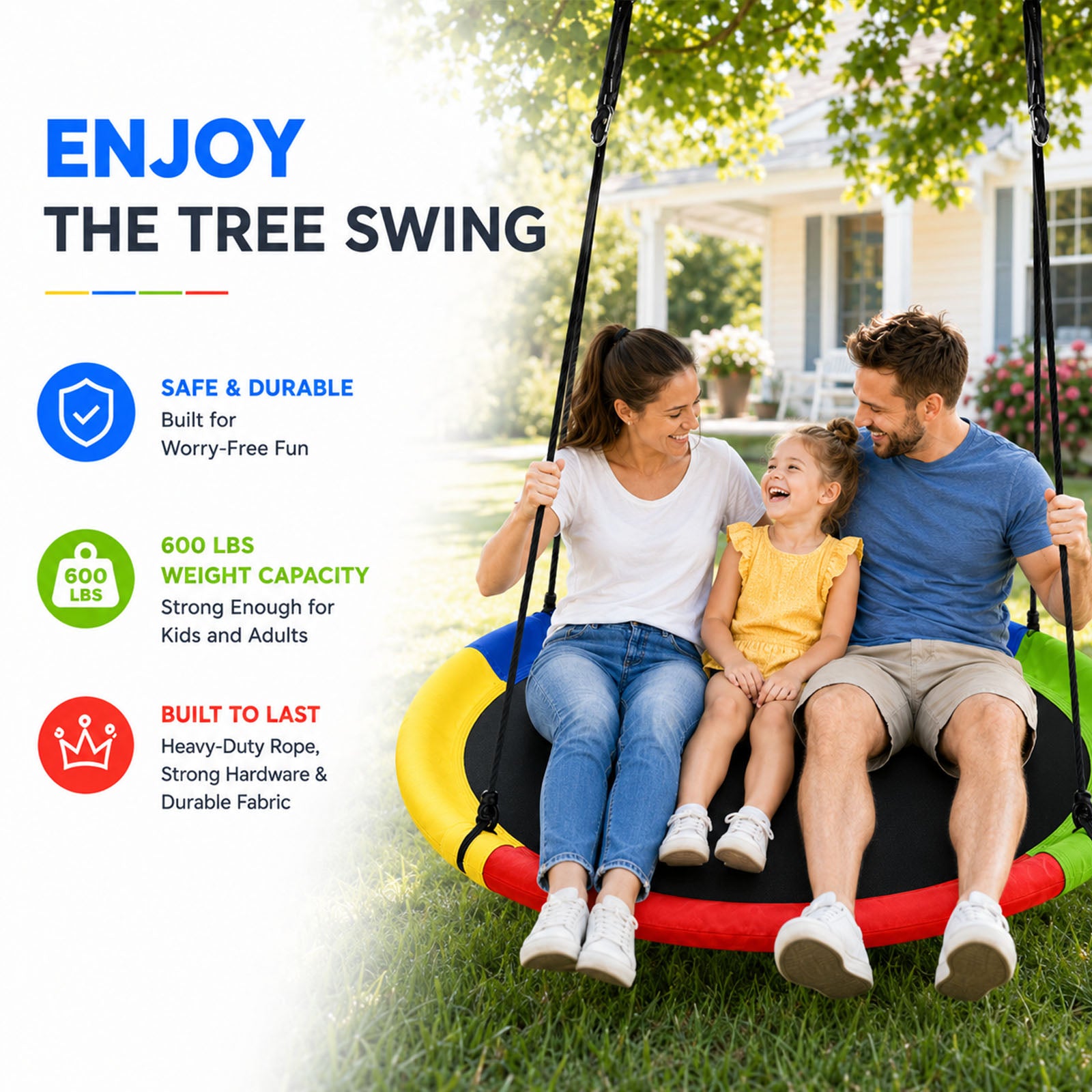 Colorful circular saucer tree swing supports up to 600 lbs, constructed with heavy-duty ropes, sturdy hardware and wear-resistant fabric, safe for whole family backyard leisure activities.