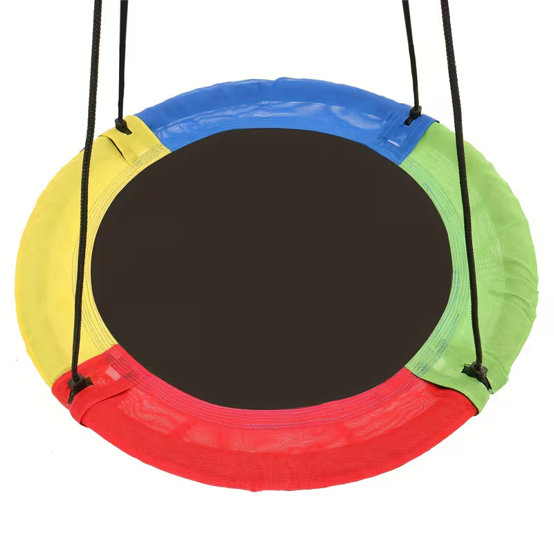 Bright multicolor circular saucer swing equipped with durable suspension ropes, breathable mesh seating surface, perfect hanging tree swing for kids backyard leisure play.