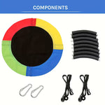 Full component parts for colorful circular saucer swing, contains swing fabric mat, curved frame tubes, adjustable suspension ropes and heavy-duty carabiners for assembly.