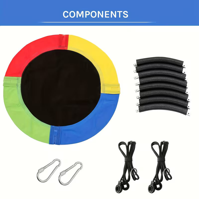 Full component parts for colorful circular saucer swing, contains swing fabric mat, curved frame tubes, adjustable suspension ropes and heavy-duty carabiners for assembly.