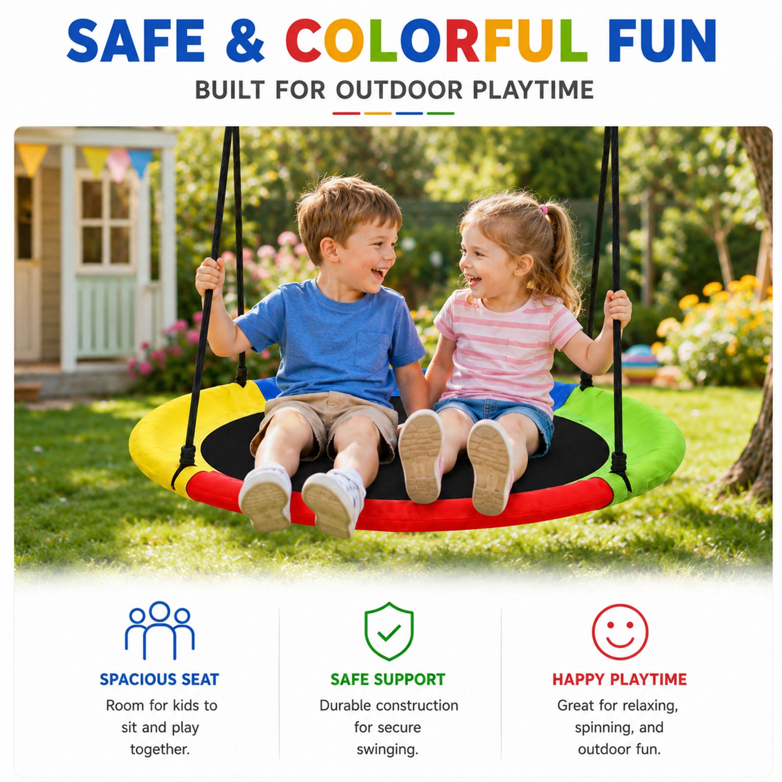 Bright multicolor circular saucer swing features ample seating space and sturdy safe build, perfect outdoor tree swing for kids to sit, spin and enjoy backyard playtime together.