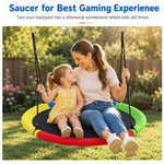 Vibrant multicolor saucer tree swing offers ample seating space for parents and kids, transform your backyard into a fun playground for shared outdoor swinging time.