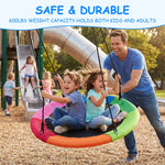 Heavy‑duty colorful saucer swing with 600 lbs weight limit, holds multiple kids and adults. Safe durable outdoor round tree swing for backyard and playground fun.