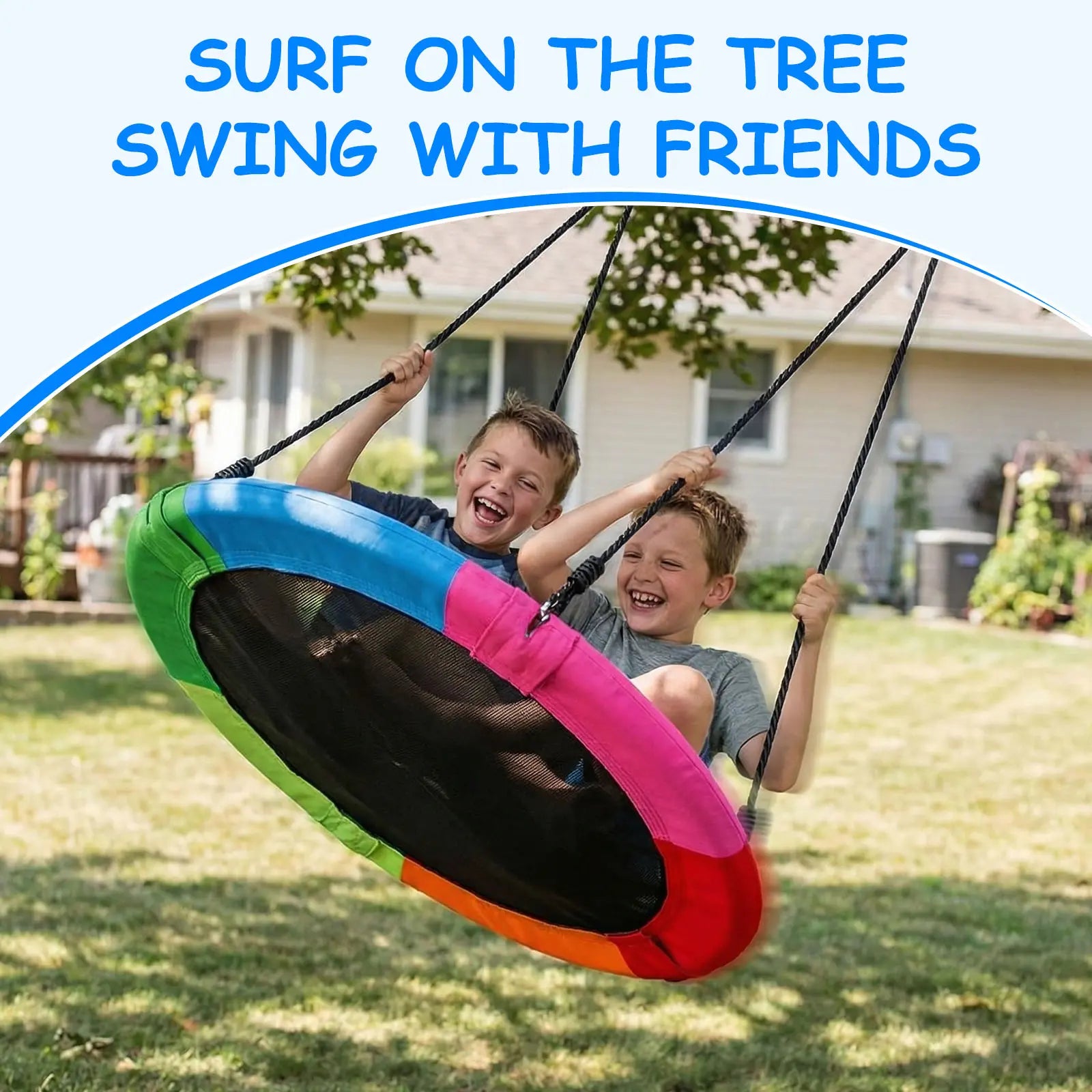 Fun multi‑person colorful saucer tree swing. Kids can swing and play together with friends on this large round outdoor platform swing for backyard lawn entertainment.
