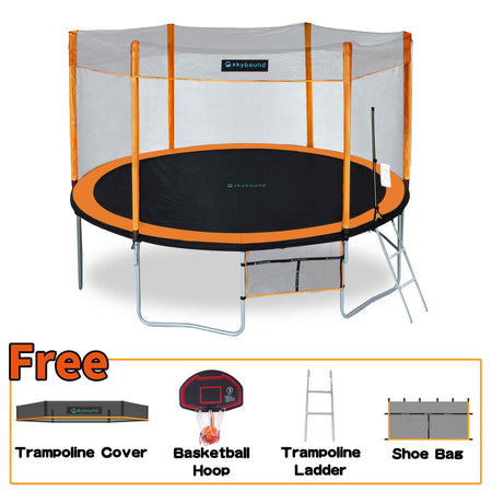 Skybound orange 14ft trampoline with Cover, Below there is a frame that says FREE with cover and basketball hoop and basketball, ladder, shoes bag