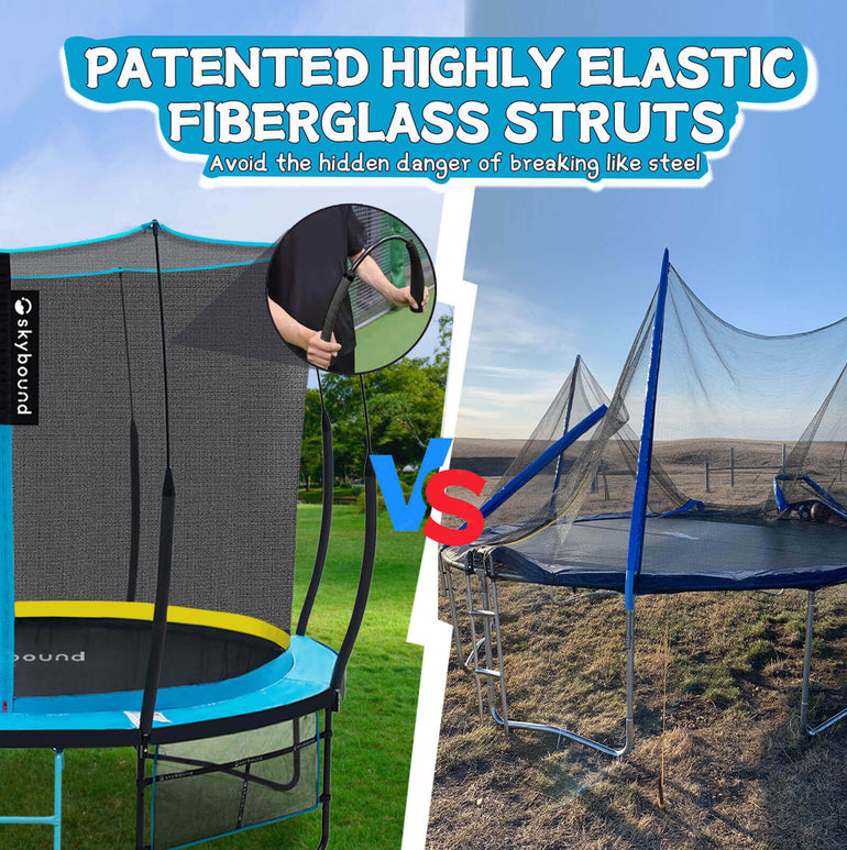 On the left is a intact 14ft trampoline with fiberglass poles, while on the right is a trampoline with broken steel support poles, The title reads: PATENTED HIGHLY ELASTICFIBERGLASS STRUTSAvoid the hidden danger of breaking like steel.