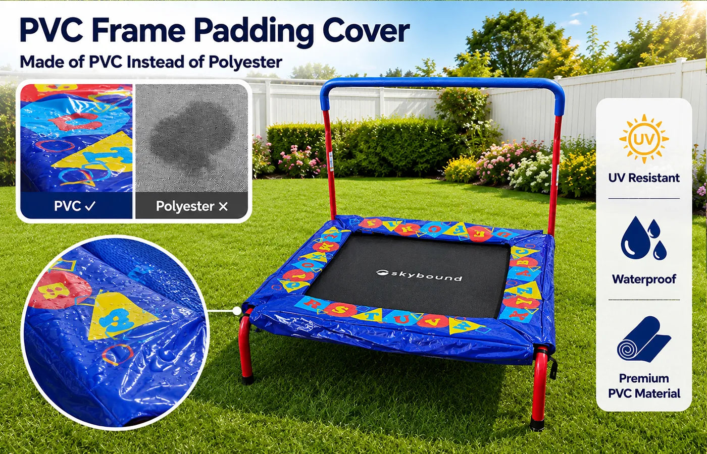 Our trampoline frame cover is made of waterproof and UV-resistant material, helping protect the frame from water, sunlight and outdoor elements. This durable cover supports long-term use and helps keep the trampoline in good condition season after season.