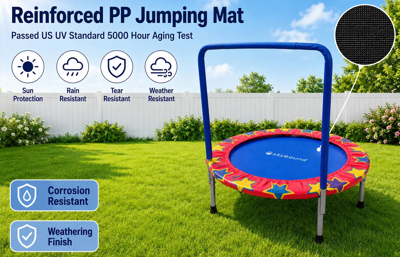 Our trampoline adopts reinforced PP jumping mat, which has passed the US UV standard 5000-hour aging test. It features sun-proof, rain-proof and tear-resistant performance, suitable for long-term outdoor use. 