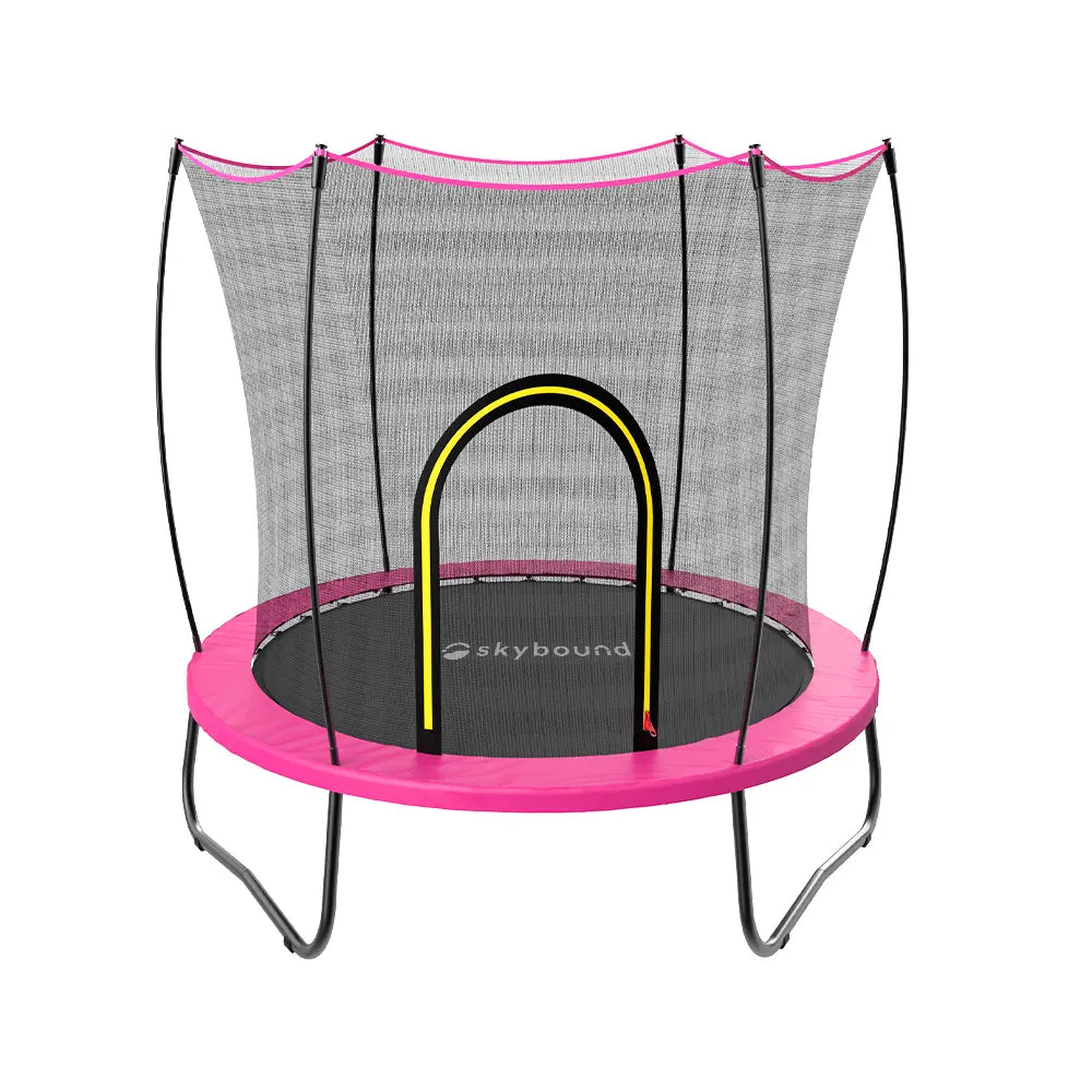 Designed for young kids, this pink SkyBound trampoline features high-tensile galvanized springs that deliver consistent elasticity and long service life. The full safety mesh prevents accidental falls for safe daily bouncing at home or backyard.