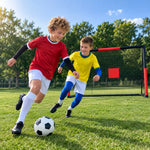 Children enjoy competitive soccer play on sunlit grass, heavy‑duty portable football goal ideal for backyard practice and recreational games