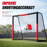 Kids portable soccer goal with red shooting target on green grass field, soccer ball hitting target net, backyard football shooting accuracy training equipment